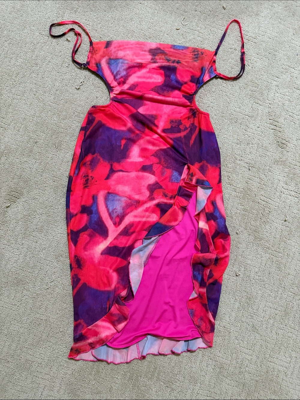 Vibrant Pink & Purple Floral Ruffle Midi backless Dress fashion nova
